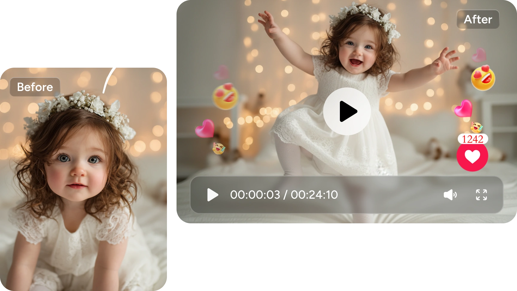 白いドレスを着た小さな女の子が、AIダンス動画の中で激しく踊っている